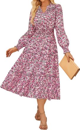 Grace Karin Womens Casual Dress Summer Autumn Lantern Sleeves Ruffles A Line Long Dresses M Black and Pink