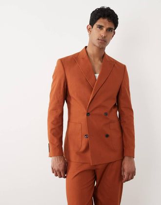 Asos Blazer da abito doppiopetto in 100% cotone effetto lino vestibilit&agrave; classica arancione bruciato