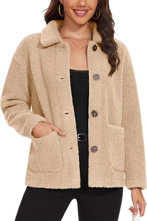 Generic Fleece Jackets for Women UK Fuzzy Sherpa Winter Coat Fluffy Cardigan Open Front Soft Long Sleeve Button Down Jacket Stand Collar Plush Fur Coats Warm 