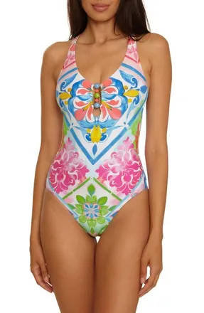 BECCA by Rebecca Virtue Mijas Beaded Cutout One-Piece Swimsuit in Blue Multi at Nordstrom, Size Medium