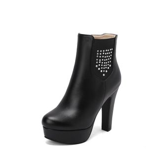 Generic Womens Rhinestone Studded Ankle Boots PU Leather Round Toe High Block Heels Platform Zip Closure Elastic Panel Stylish Durable Design,Black,3.5 UK