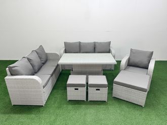 Fimous 10 Seater Poly Rattan Outdoor Garden Furniture Adjustable Lifting Dining or Coffee Table Sofa Set Patio 3 Seater Sofa Reclining Chair 3 Seater