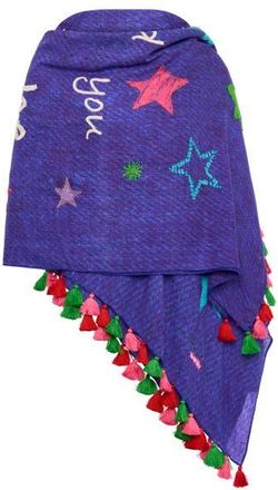 Maison Common Printed And Embroidered Scarf With Tassels with message in Jeansblue at Nordstrom