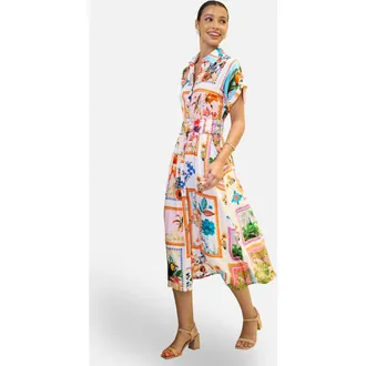 Yumi Tropical Postcard Print Midi Shirt Dress in Ivory at Nordstrom, Size 12