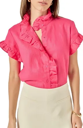 English Factory Ruffle Trim Linen Button-Up Shirt in Fuchsia at Nordstrom, Size X-Small
