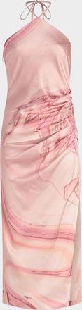 SIMKHAI Hansel Oil Spill-Print Satin Halter Midi Dress