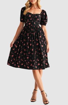 Lush Puff Sleeve Lace Trim Midi Dress in Black Pink at Nordstrom Rack, Size X-Small