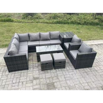 Fimous Fimous 10 Seater Rattan Corner Sofa Lounge Sofa Set With Rectangular Coffee Table Side Table 2 Arm Chair and 2 Stools Dark Grey Mixed
