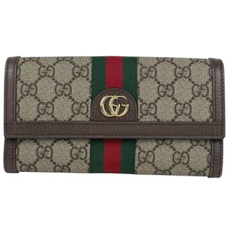 Gucci Beige Green Red Color Coated Canvas Long Wallet (Tri-Fold) (Pre-Owned)