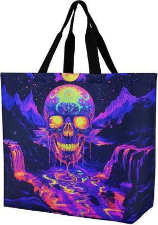 Generic Skull Moon Waterfall Tote Bag Reusable Grocery Shopping Bags Large Travel One Shoulder Handbag for Picnic Work