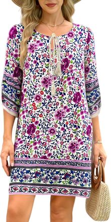 Zeagoo Boho Dresses for Women UK Vintage Summer Loose 3/4 Sleeve Beach Dress Ladies Bohemian Floral Print Tunic Dress S