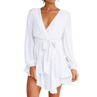 Generic Womens Cocktail Dresses Short Sleeve Empire Skater Dress Deep V-Neck Waist Tie Ruffle Mini Swing Dresses White