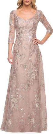 La Femme Metallic Lace Long Gown with Three-Quarter Sleeves in Mauve at Nordstrom, Size 12