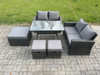 Fimous 7 Seater Garden Dining Set Wicker PE Rattan Outdoor Furniture Sofa with Rectangular Dining Table Double Seat Sofa 3 Footstools in Dark Grey