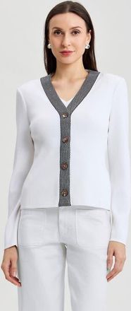 Ming Wang Family Savvy Contrast Trim Soft Knit Cardigan in White/black at Nordstrom, Size X-Large