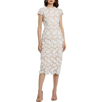 Mac Duggal Lace 3D Flower Fitted Short Sleeve Midi Dress in Ivory Nude at Nordstrom, Size 6