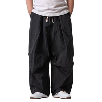 Generic Mens Trousers Mens Pocket Side Wide Leg Baggy Pants Drawstring Elastic Waisted Solid Trousers (Black, XXXXXL)