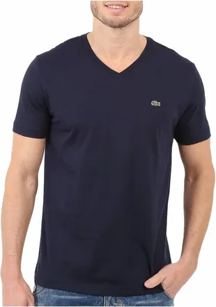 Lacoste Mens Standard Short Sleeve Pima V-Neck Tee In Navy Blue