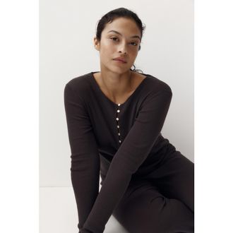 H&M Ribbed Henley Top in Dark Brown at Nordstrom, Size X-Small