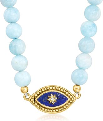 Ross-Simons Lapis, Diamond and Aquamarine Bead Evil Eye Necklace With 18kt Gold Over Sterling