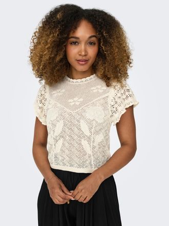Only Kurzarmpullover ONLY ONLESTRALLA S/S SHORT STRUCTOP KNT NOOS, Damen, Gr. XL, ecru, Strick, Obermaterial: 70% Baumwolle, 30% Polyester, unifarben, tail