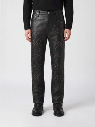 Marni Pantaloni straight in pelle ovina con ricamo a rombi e borchie