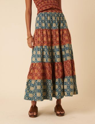 Nobody's Child Tile Printed Tiered Midi Skirt