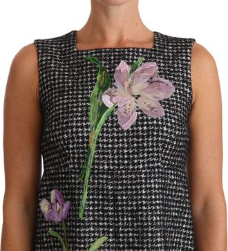 Dolce & Gabbana Womens Gray Houndstooth Floral Appliqu&eacute; Shift Mini Dress Virgin Wool
