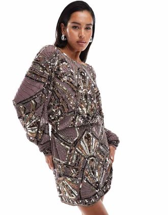 Asos Vestito corto lilla polvere con maniche ad ali di pipistrello e decorazioni lineari-Multicolore