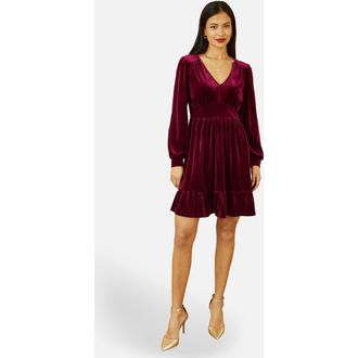 Yumi Velvet Long Sleeve Skater Dress in Burgundy at Nordstrom, Size 12