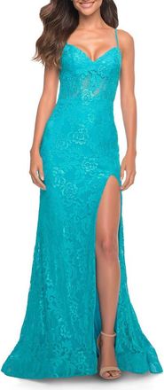 La Femme Neon Lace Prom Gown With Sheer Bodice and Tie Up Back in Aqua at Nordstrom, Size 00