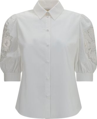 Valentino Womens Shirt With Sangallo Lace Sleeves Optical White Cotton