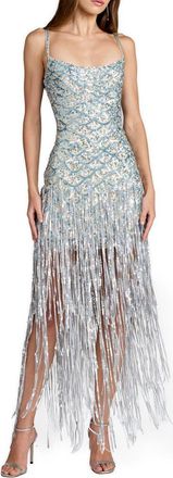 Mac Duggal Spaghetti Strap Sequin Fringe Mesh Column Gown in Nude Silver at Nordstrom, Size 12