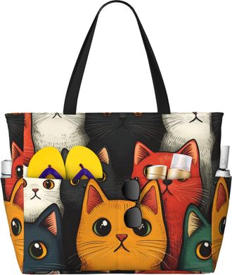 Generic Cute Cat Print Large Beach Bag Foldable Travel Shoulder Tote Bag With Pocket For Weekender Pool Vacation