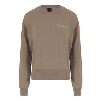 Pinko Round-neck Knitwear, female, Beige, Size: XS Logo Wool Cashmere Crew Neck Sweater
