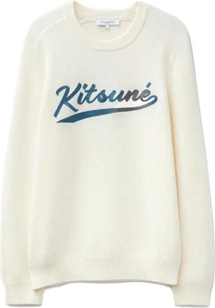 Maison Kitsun&eacute; Varsity Geborduurde Mesh Jumper - Heren - Ronde hals truien - Beige - M - Truien & Vesten