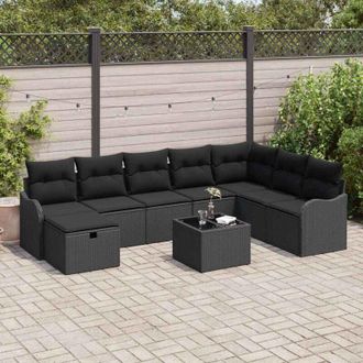 vidaXL Conjunto De Sof&aacute; De Jard&iacute;n Con Coj&iacute;n 9 Pcs Negro Polirat&aacute;n