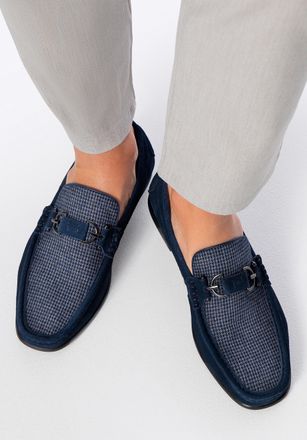 Wittchen Heren Marineblauwe Geruite Stoffen Mocassins met Su&egrave;de Leer