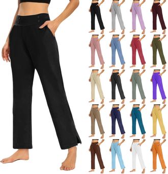 Generic Straight Leg Joggers Womens Loose Plus Size Yoga Pants For Women With Pockets Elasticated Waist Capri Trousers For Women Uk Solid Color Athletic Activ