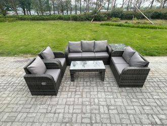 Fimous 7 Seater Outdoor Rattan Garden Furniture Set Patio Lounge Sofa Set with Rectangular Coffee Table Side Table Dark Grey Mixed