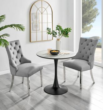 Furniturebox Elina White Marble Effect Scratch Resistant Dining Table & 2 Grey Belgravia Velvet Chairs