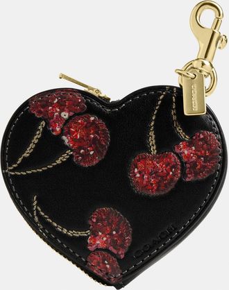 Coach Womens Heart Bag Charm With Cherry Print - Black Leather - One Size