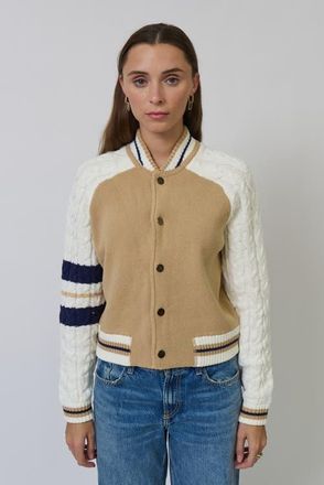 Central Park West Chloe Cable Sleeve Knit Bomber in Camel at Nordstrom, Size X-Large