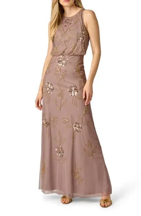 Adrianna Papell Beaded Floral Sleeveless Blouson Bodice Gown in Stone at Nordstrom, Size 12