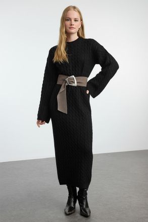 Trendyol Modest Dames Zwart Kabelgebreid Midi Driekwart mouw Casual Recht Modest Jurken