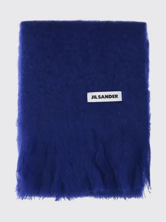 Jil Sander Fringed Mohair Wool Blend Scarf with Applied Logo Patch