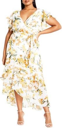 City Chic Floral Print Faux Wrap Dress in Butter Perfect Petal at Nordstrom Rack, Size Xs/14W