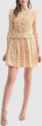 All in Favor Floral Smocked Cotton Fit & Flare Minidress in Cream Orange at Nordstrom Rack, Size Medium