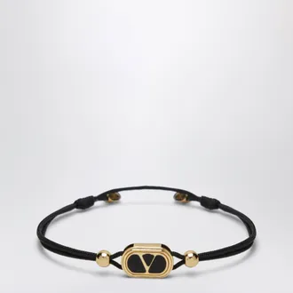 Valentino Garavani Bracciale con cordino nero e logo V smaltato oro