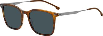 HUGO BOSS Gestreepte Bruin Hoorn/Blauw Zonnebril - Heren - Zonnebrillen - Bruin - 54 MM - Accessoires